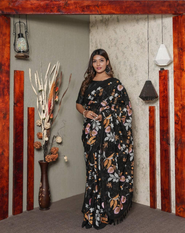 Black Floral Georgette Sequins Saree - Indiakreations