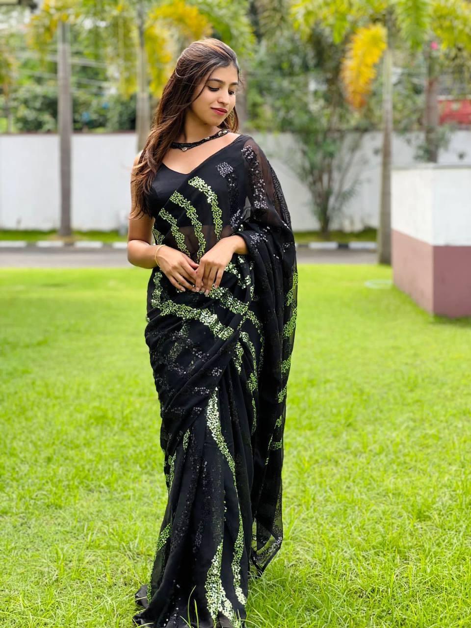 Black Georgette Elegant Sequins Saree - Indiakreations