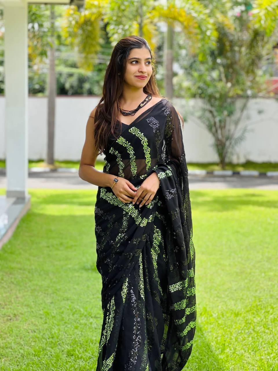 Black Georgette Elegant Sequins Saree - Indiakreations