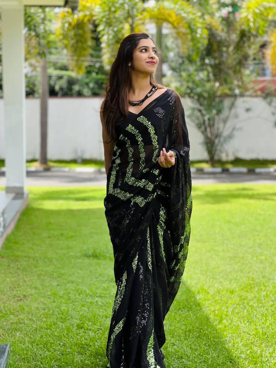 Black Georgette Elegant Sequins Saree - Indiakreations