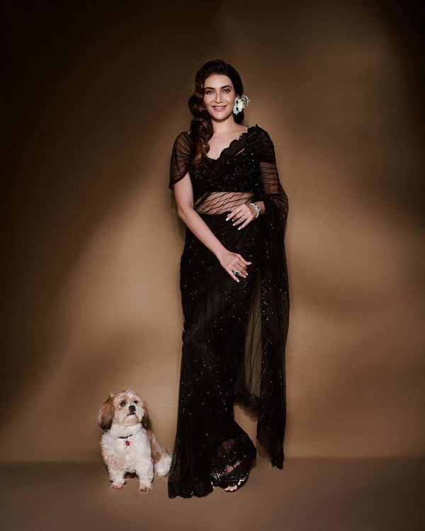 Black Georgette Premium Luxury Sequins Saree - Indiakreations