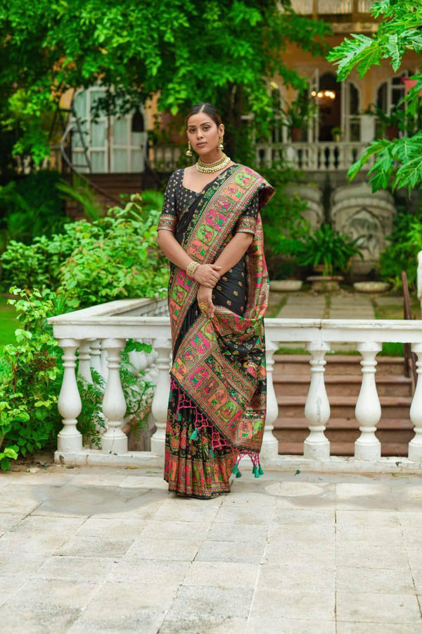 Black Kashmiri Pashmina Silk Saree - Indiakreations