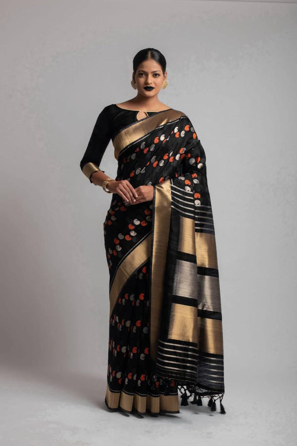 Black Paisley Kadampalli Tussar Silk Saree - Indiakreations