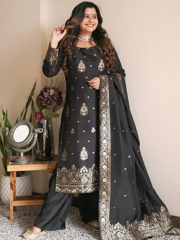 Black Self Design Silk Straight Kurta With Palazzos & Dupatta