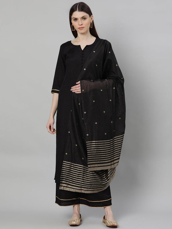 Black Solid Cotton Straight Kurta With Palazzos & Dupatta