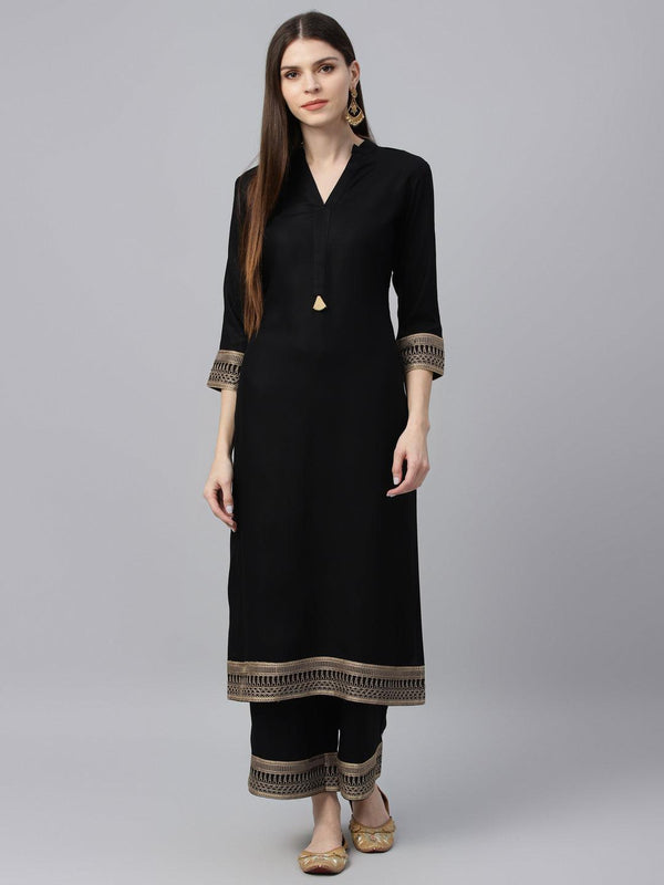 Black Solid Rayon Straight Kurta With Palazzos