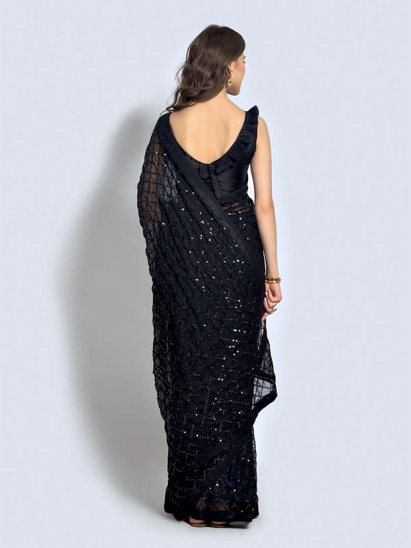 Women's Black Designer Sequince Saree - Odette