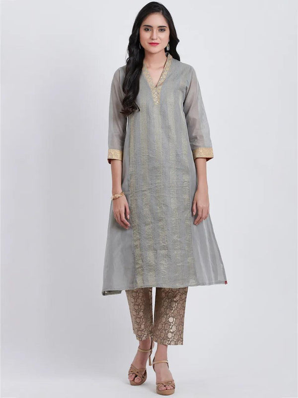 Women's Grey Embroidered A-Line Kurta - BIBA - Indiakreations