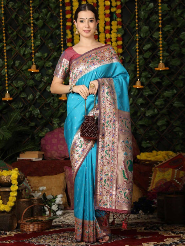 Blue Banarasi Silk Paithani Saree - Indiakreations