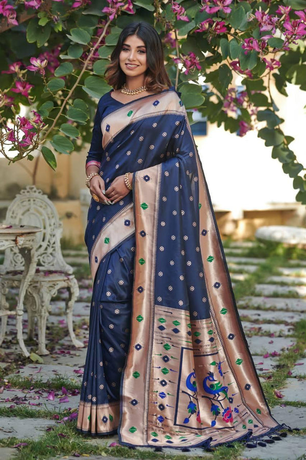 Navy Blue Banarasi Silk Saree - Indiakreations