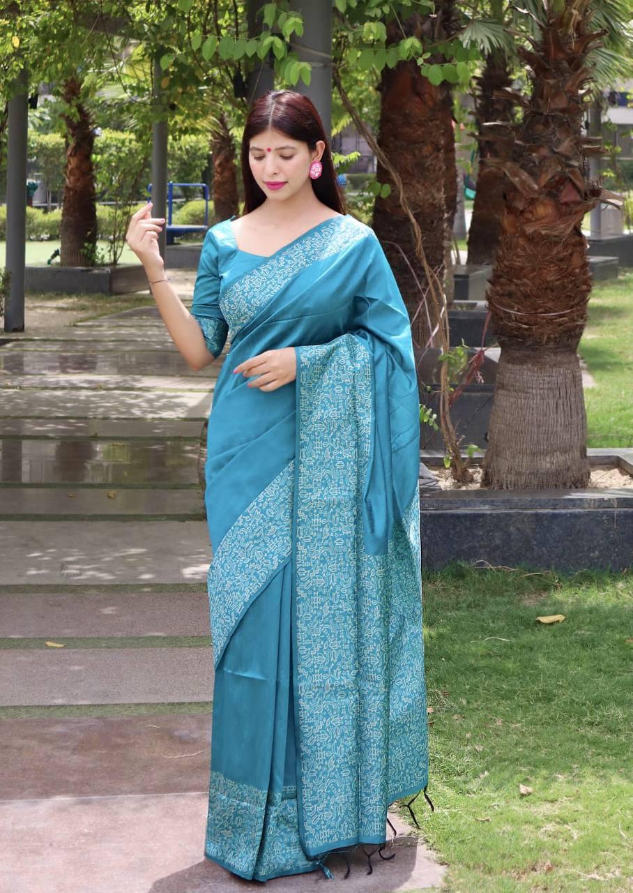 Blue Banglori Handloom Raw Silk Saree - Indiakreations