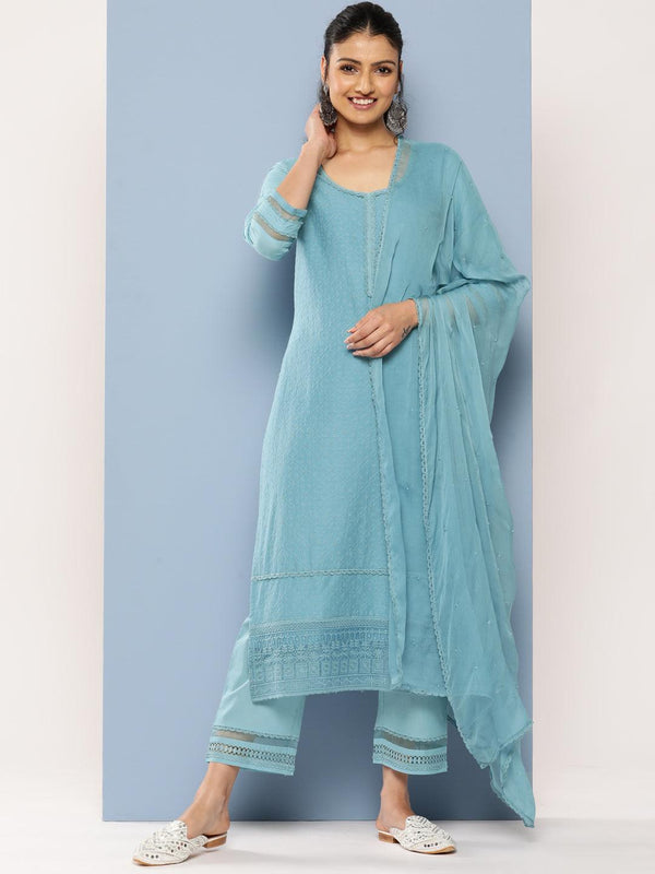 Blue Embroidered Cotton Straight Kurta With Trousers & Dupatta