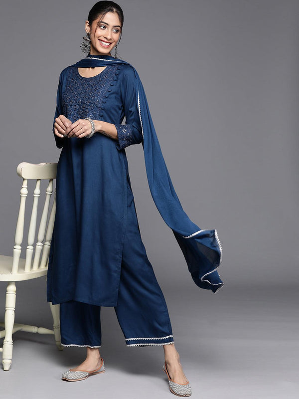 Blue Embroidered Rayon Straight Kurta With Palazzos & Dupatta