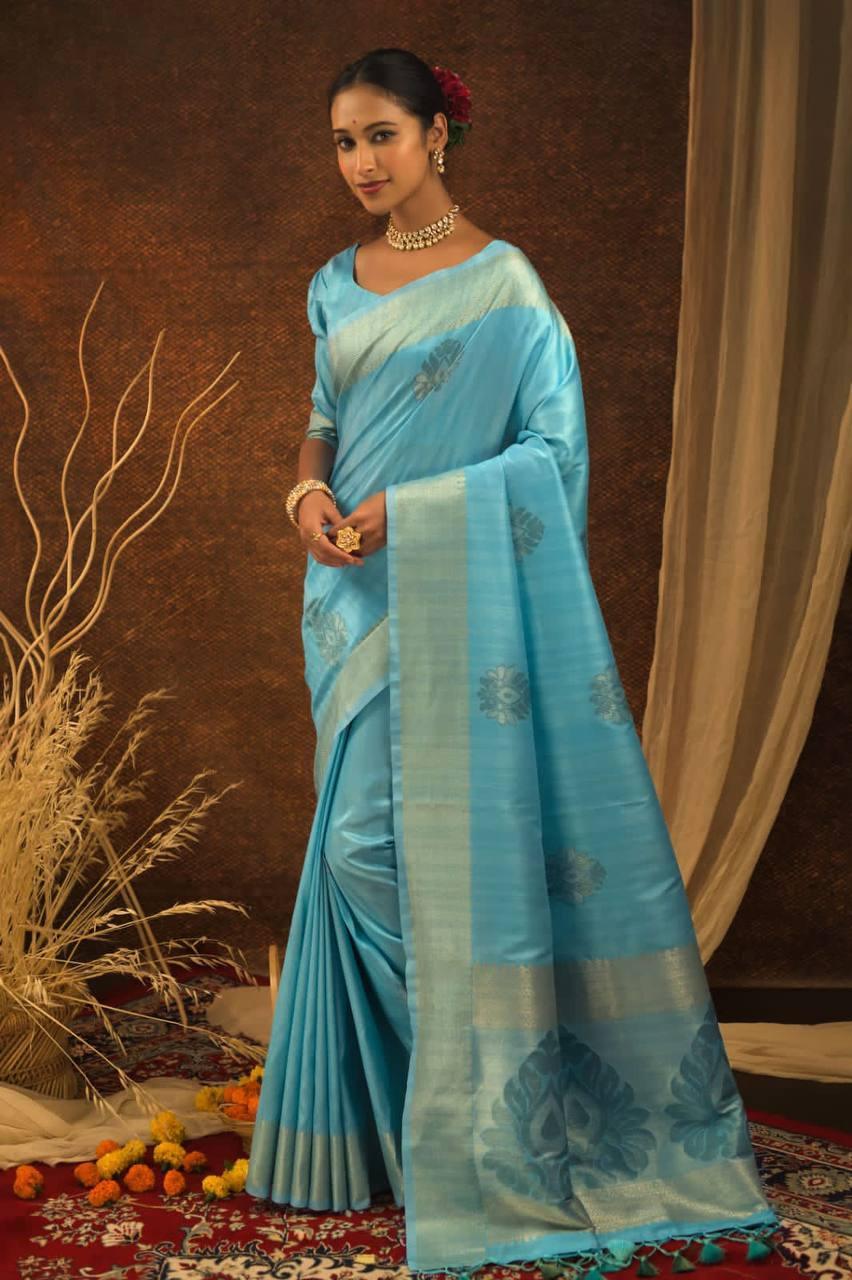 Blue Ethnic Mulberry Silk Saree - Indiakreations