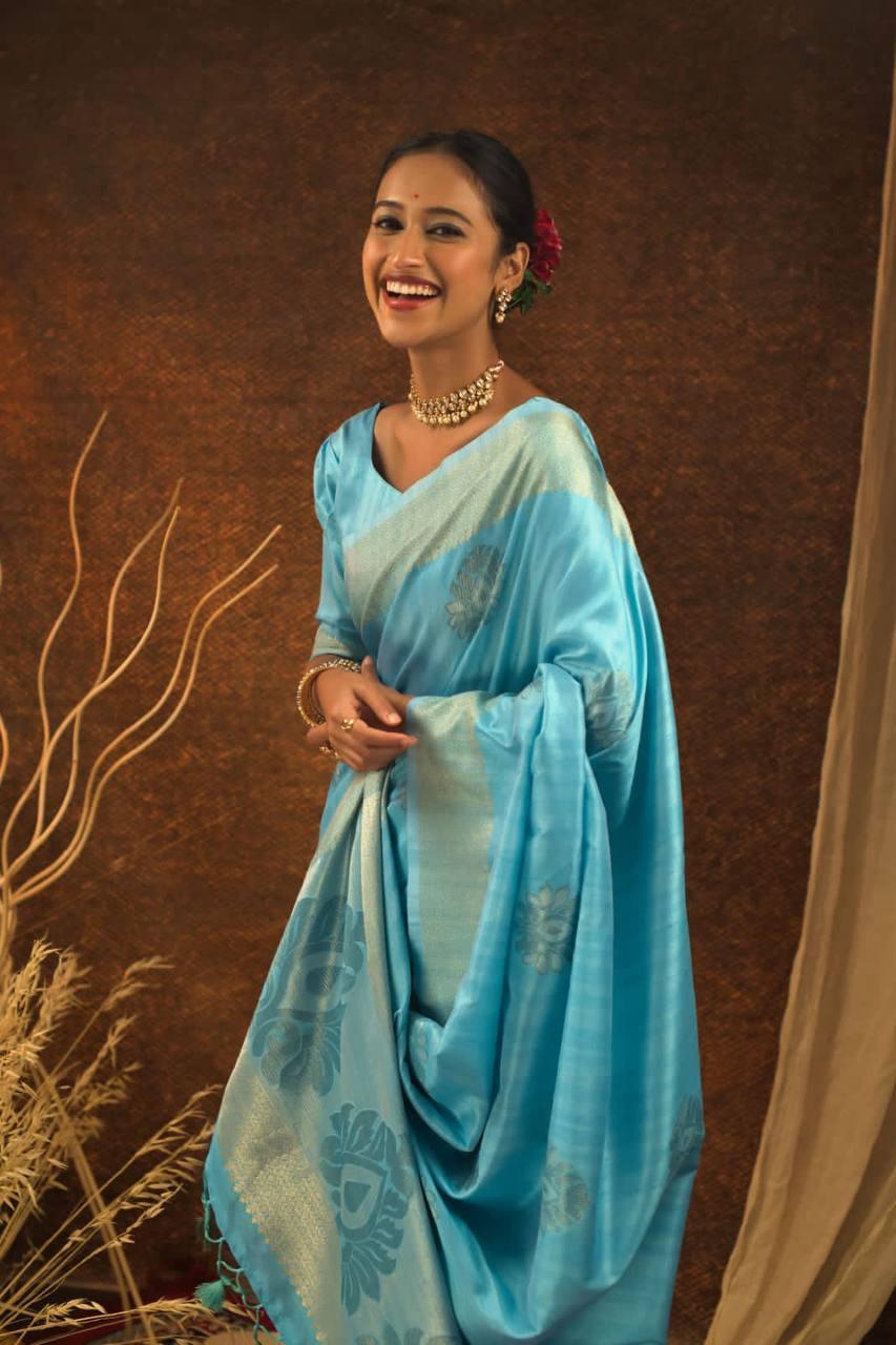 Blue Ethnic Mulberry Silk Saree - Indiakreations