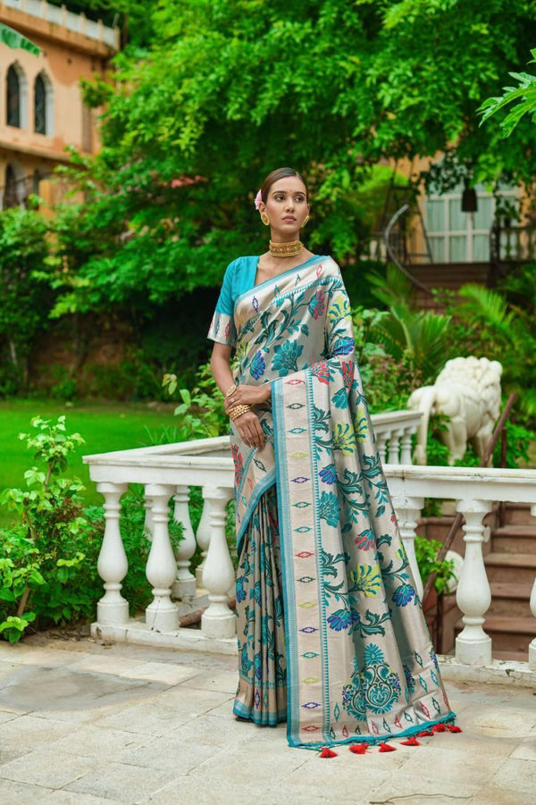 Blue Floral Banarasi Silk Saree - Indiakreations