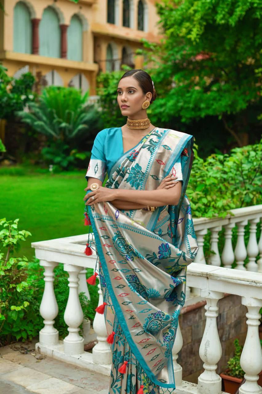 Blue Floral Banarasi Silk Saree - Indiakreations