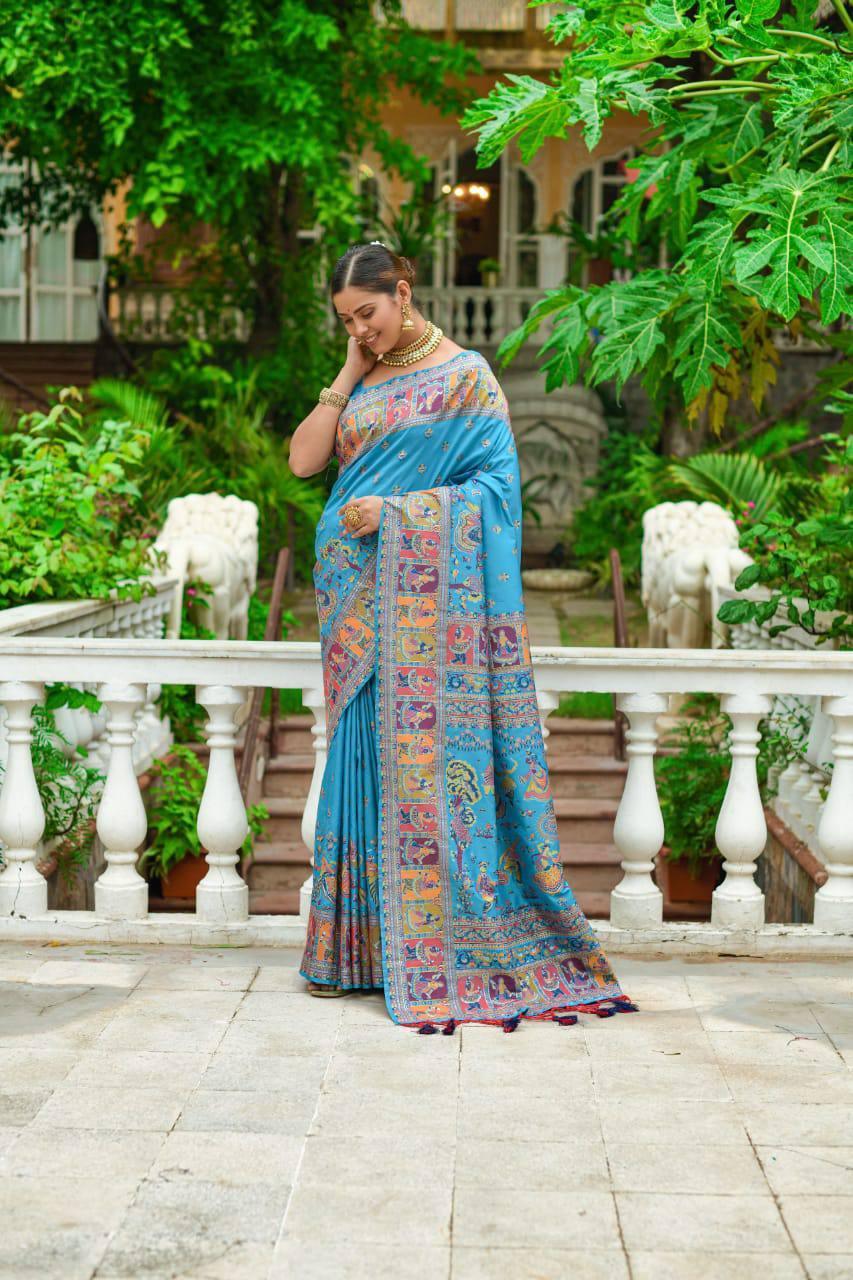 Blue Kashmiri Pashmina Silk Saree - Indiakreations