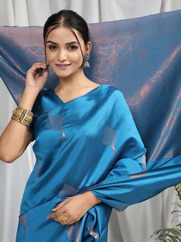 Blue Leaf Soft Silk Saree - Indiakreations