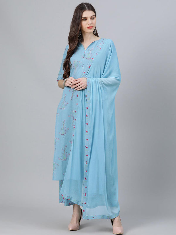 Blue Printed Cotton Straight Kurta With Palazzos & Dupatta