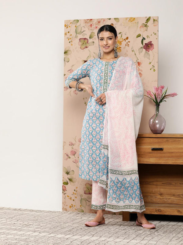 Blue Printed Cotton Straight Kurta With Trousers & Dupatta