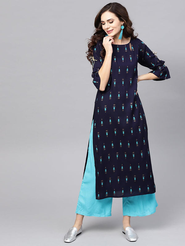 Blue Printed Rayon Straight Kurta With Palazzos