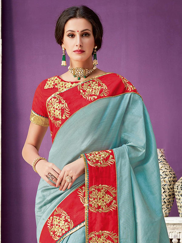 Women's Blue Silk Designer Saree With Blouse - Odette