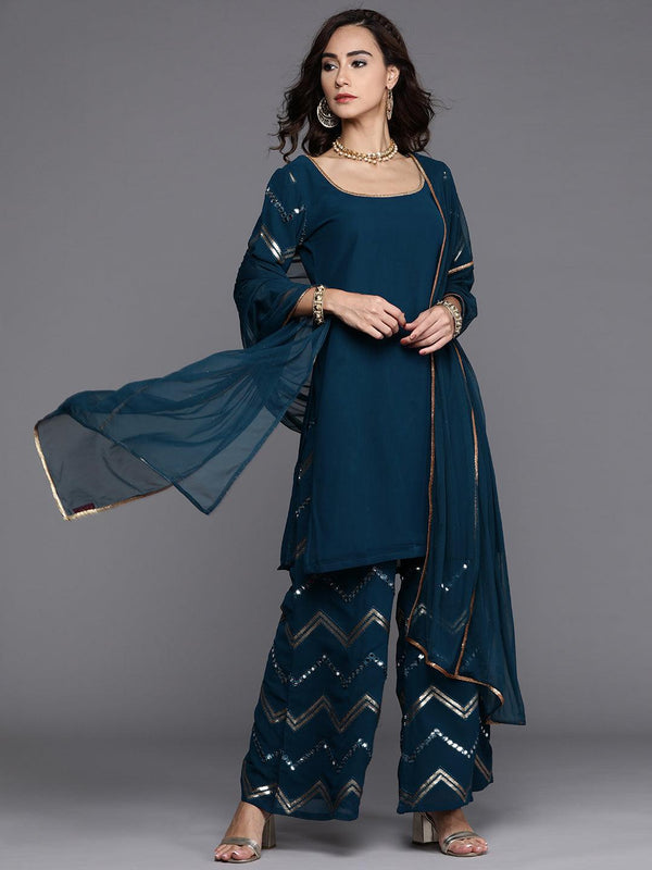 Blue Solid Georgette Straight Kurta With Palazzos & Dupatta