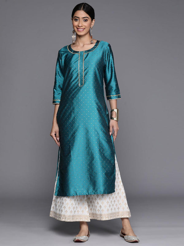 Blue Woven Design Art Silk Straight Kurta