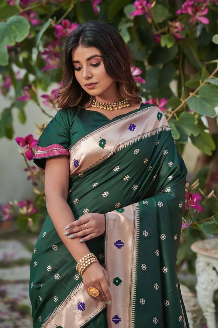 Bottel Green Banarasi Silk Saree - Indiakreations