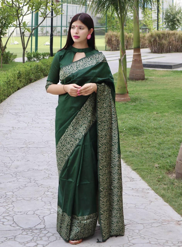 Bottel Green Banglori Handloom Raw Silk Saree - Indiakreations