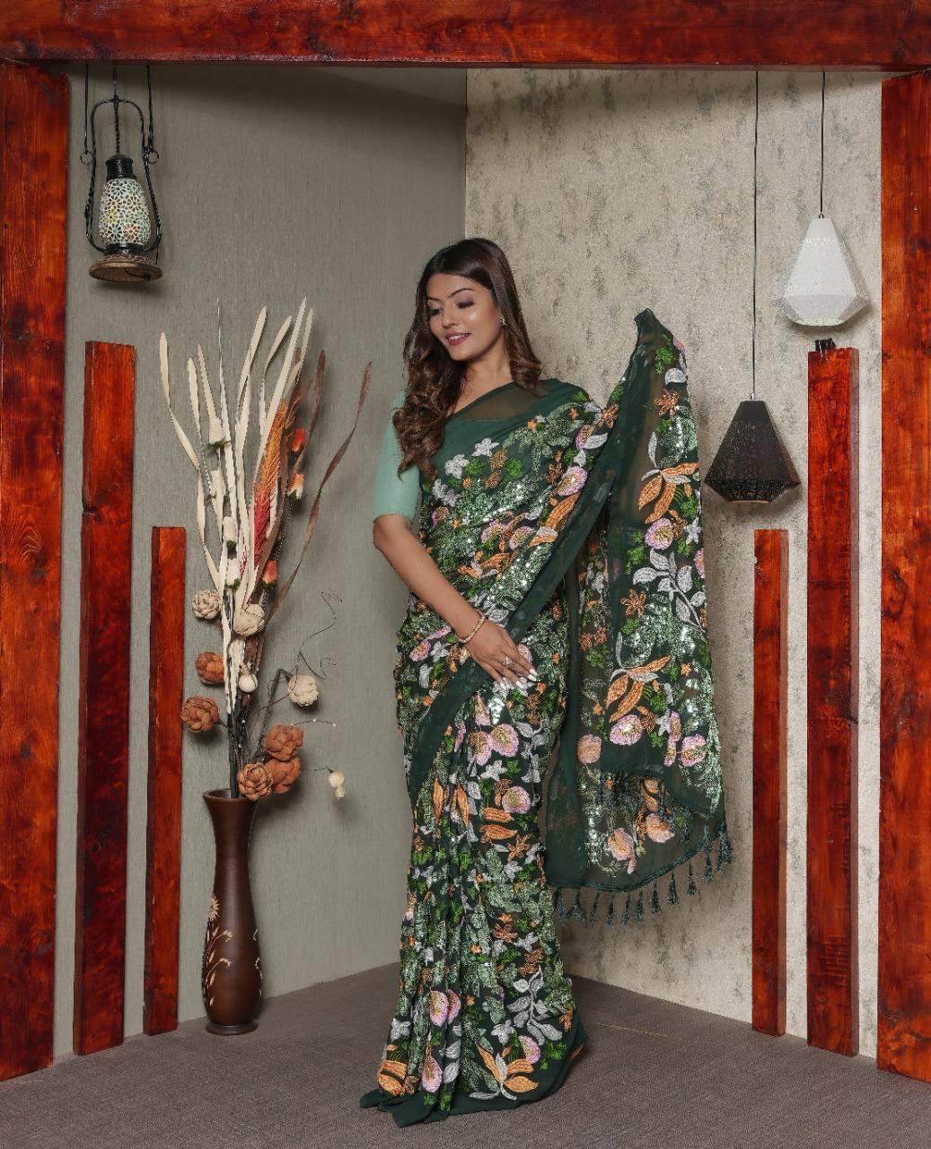 Bottel Green Floral Georgette Sequins Saree - Indiakreations