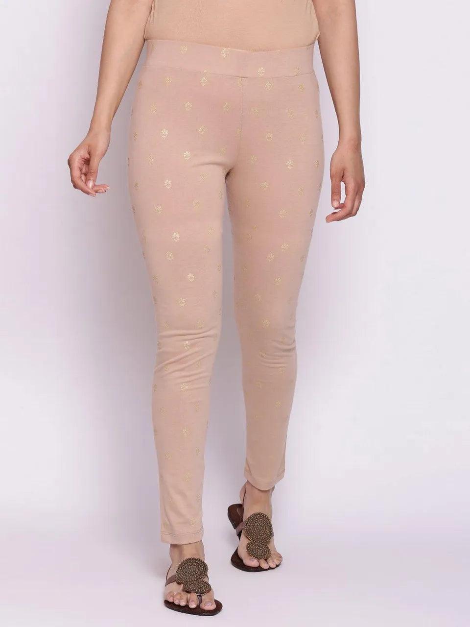 Women's Beige Cotton Leggings - BIBA - Indiakreations