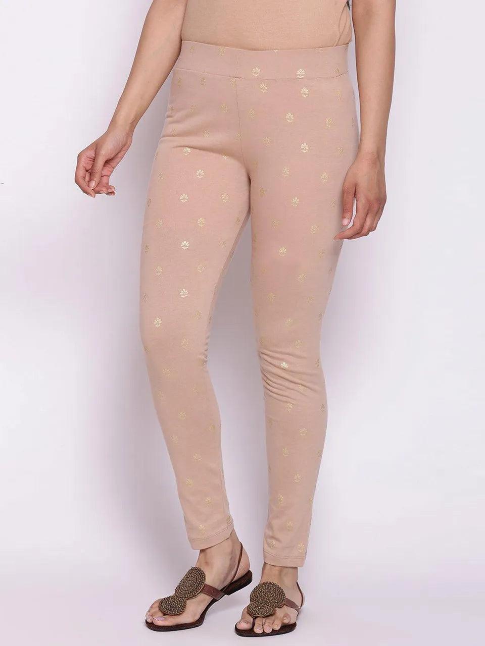 Women's Beige Cotton Leggings - BIBA - Indiakreations