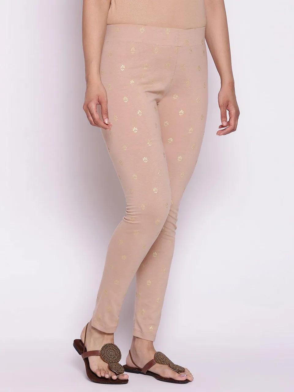 Women's Beige Cotton Leggings - BIBA - Indiakreations