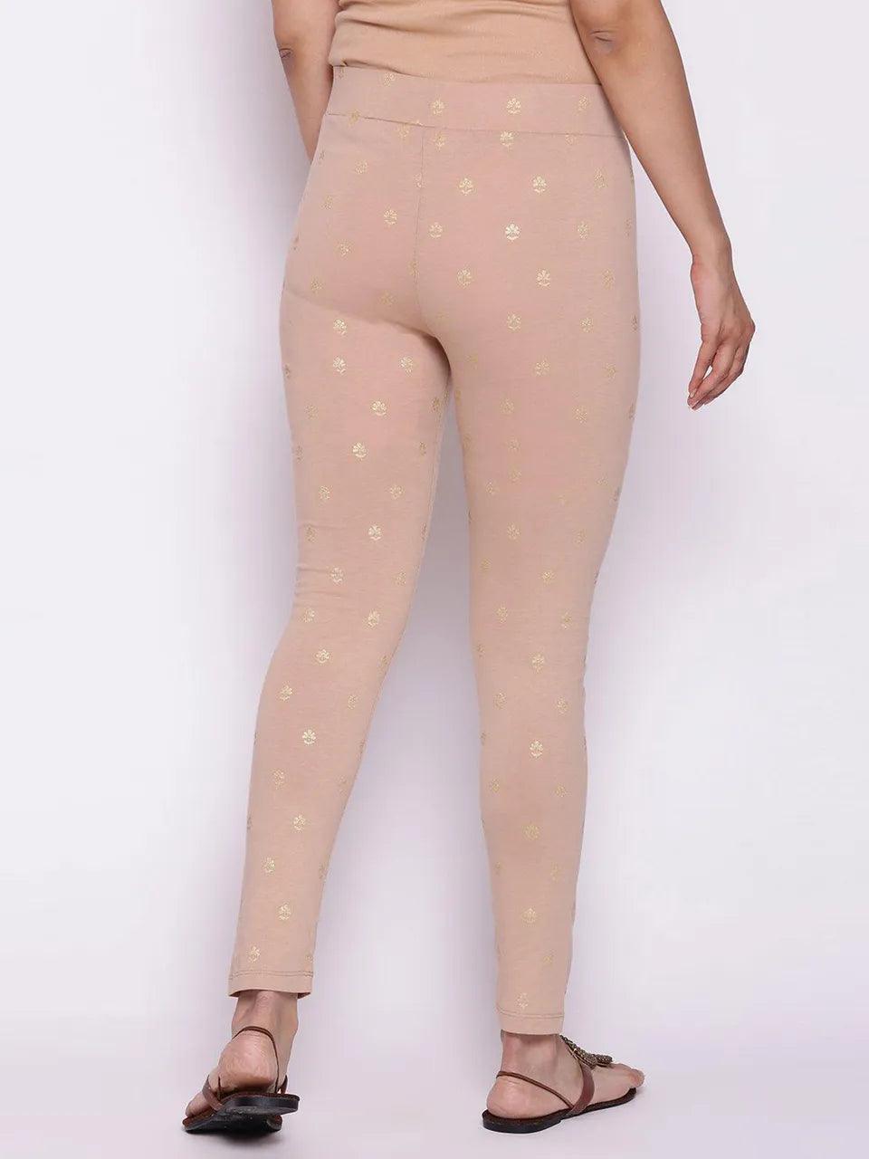 Women's Beige Cotton Leggings - BIBA - Indiakreations