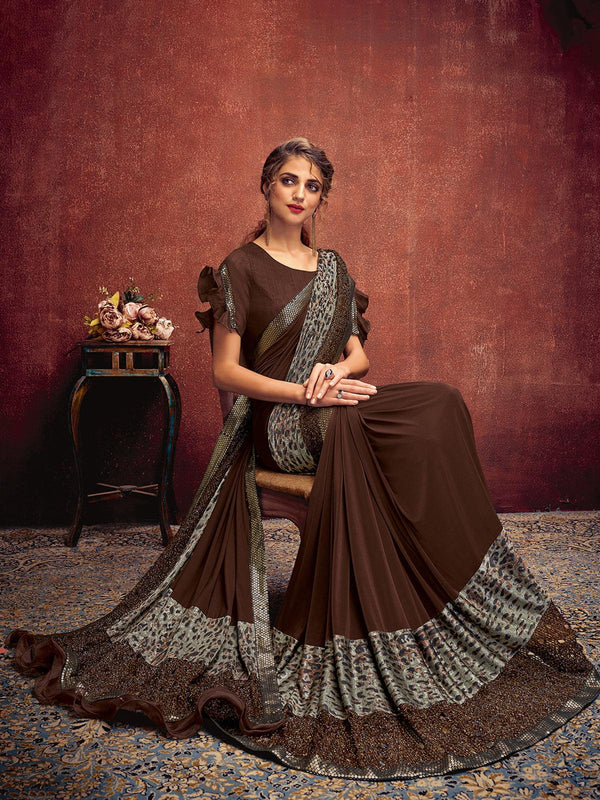 Women's Brown Lycra Designer Saree With Blouse - Odette