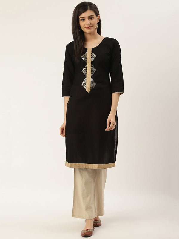 Women's Black & Golden Embroidered Detail Straight Kurta - Noz2Toz