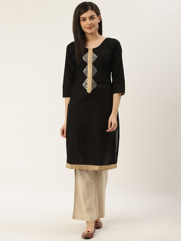 Women's Black & Golden Embroidered Detail Straight Kurta - Noz2Toz - Indiakreations