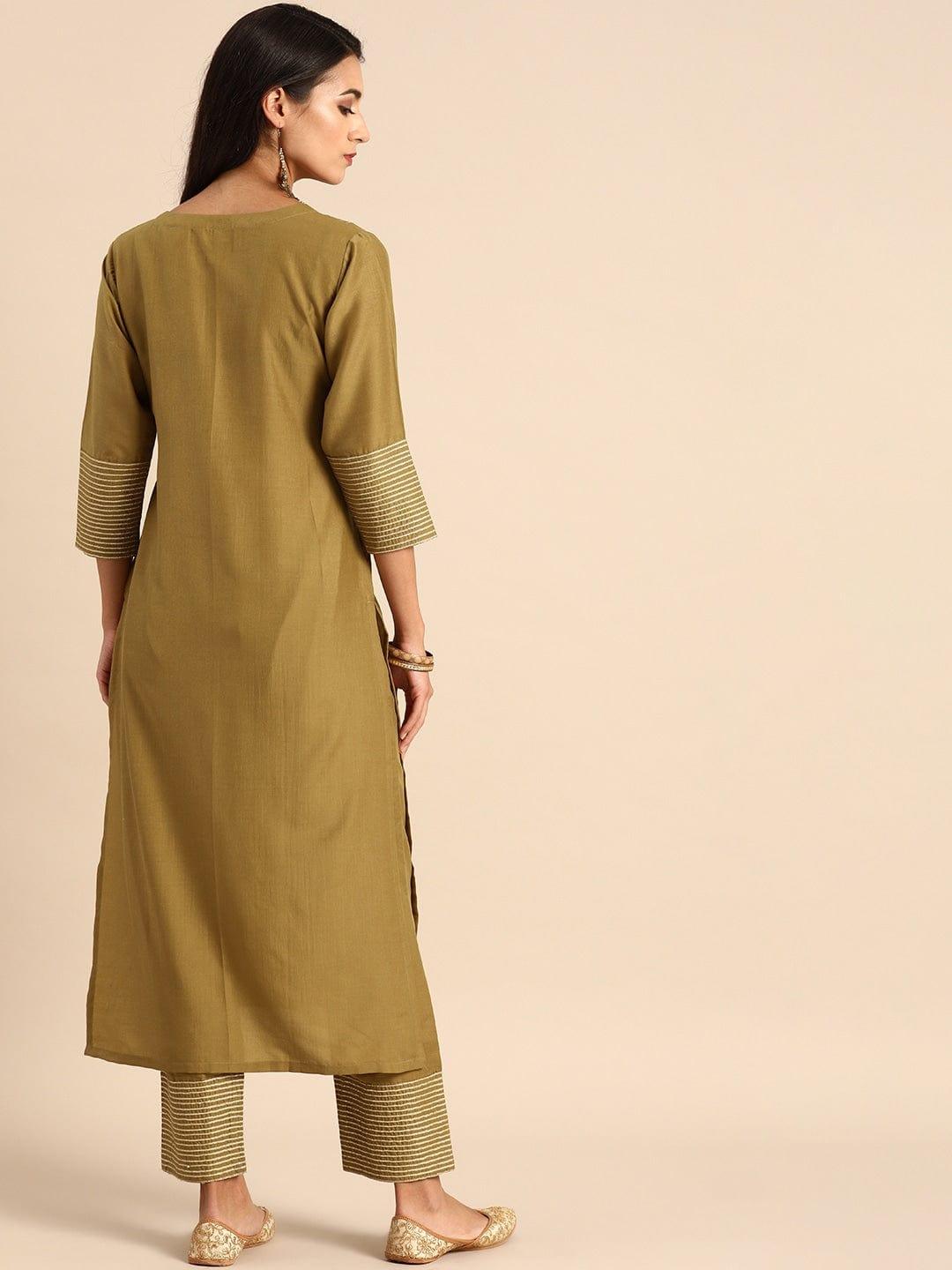 Olive Brown Striped Kurta with Trousers - Indiakreations