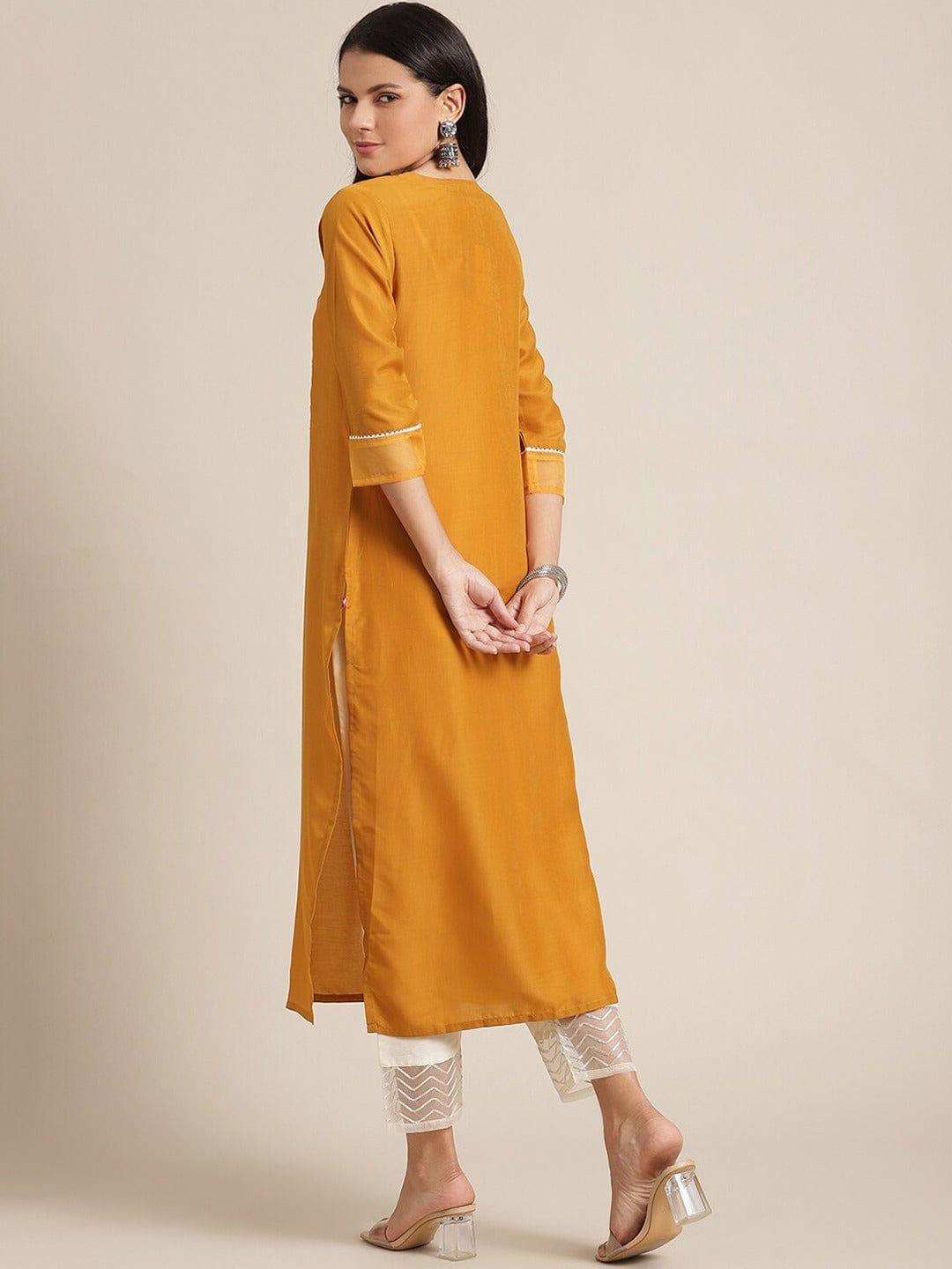 Mustard Yellow Yoke Design Kurti With Trousers - Indiakreations