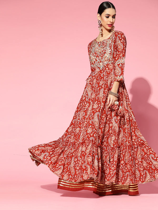 Women's Red Paisley Printed Floral Anarkali Kurta - Ishin