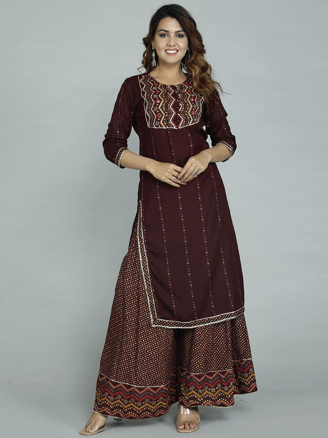 Women's Maroon Ethnic Motifs Embroidered Kurta With Sharara & With Dupatta - Noz2Toz - Indiakreations