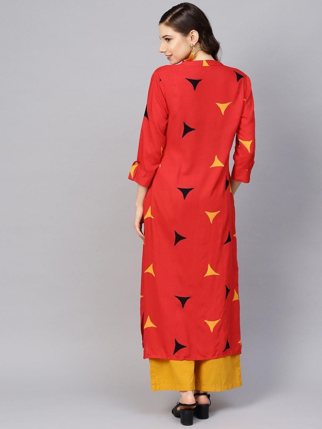 Women's Red & Mustard Yellow Printed Straight Kurta - Meeranshi - Indiakreations