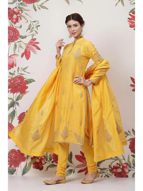 Women's Yellow Anarkali Suit Set By Rohit Bal (Set of 3) - BIBA - Indiakreations