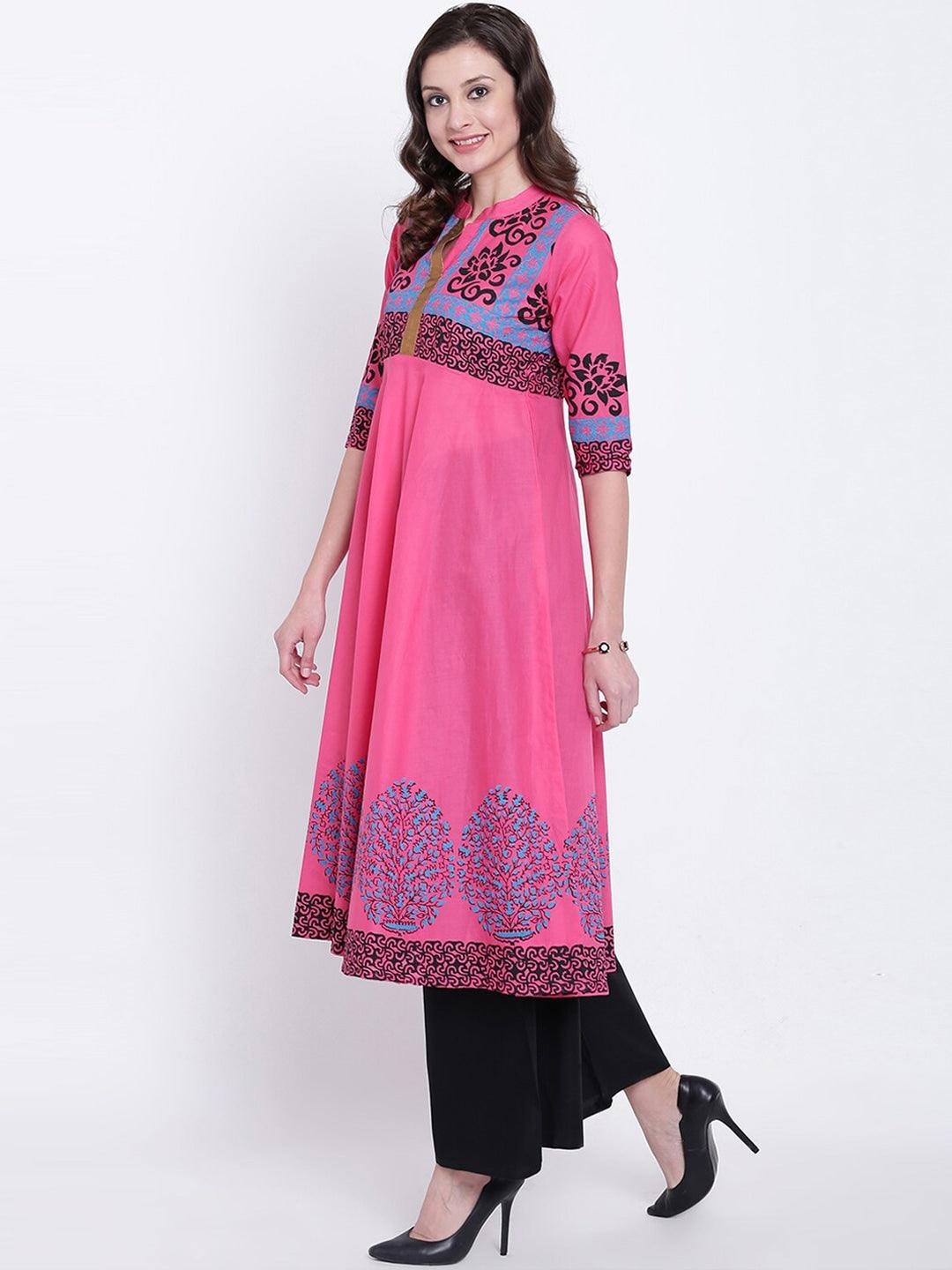 Women's Pink & Blue Ethnic Motifs Printed Cotton Anarkali Kurta - Noz2Toz - Indiakreations