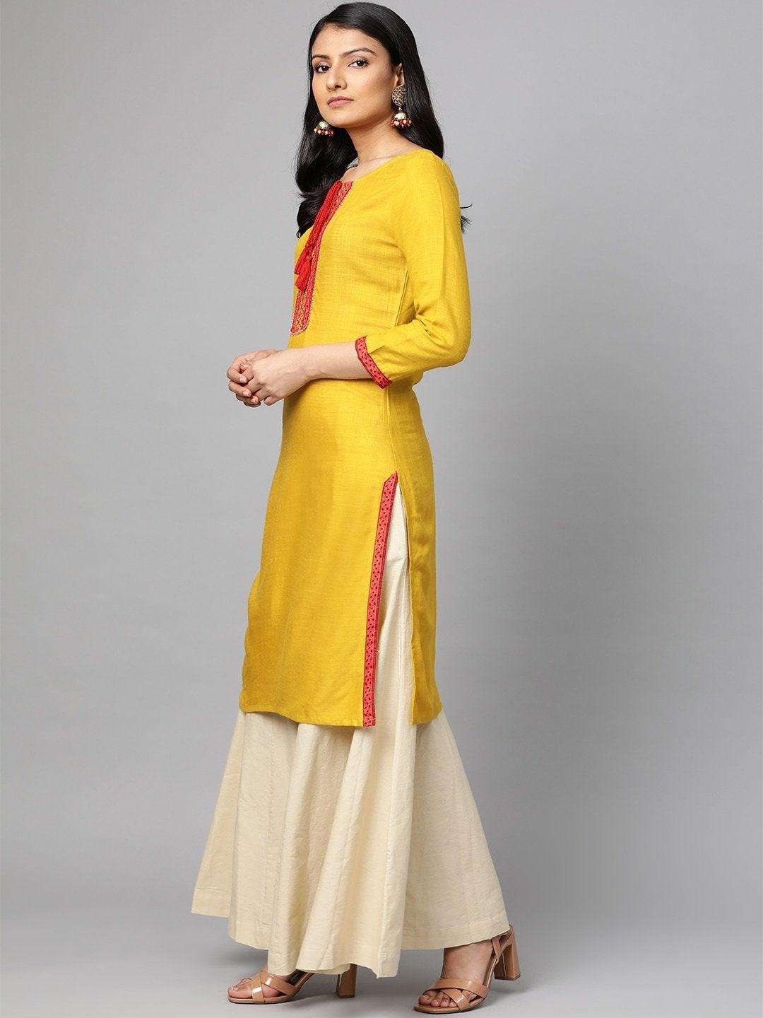 Women's Mustard Yellow & Pink Yoke Design Straight Kurta - Meeranshi - Indiakreations