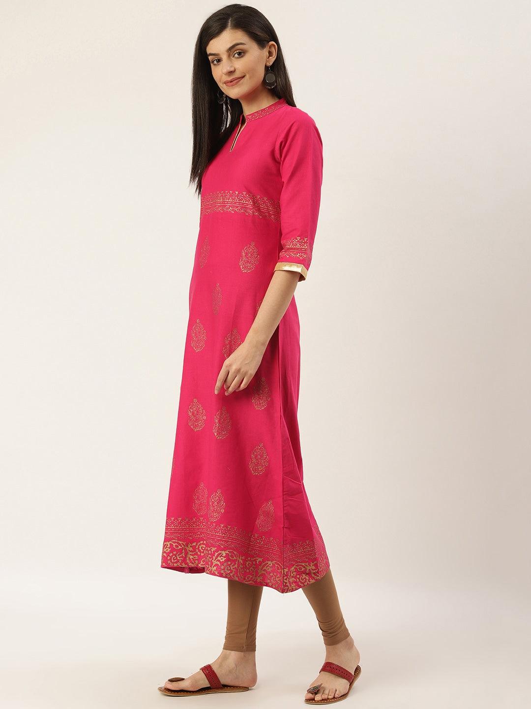 Women's Pink & Golden Printed A-Line Kurta - Noz2Toz - Indiakreations