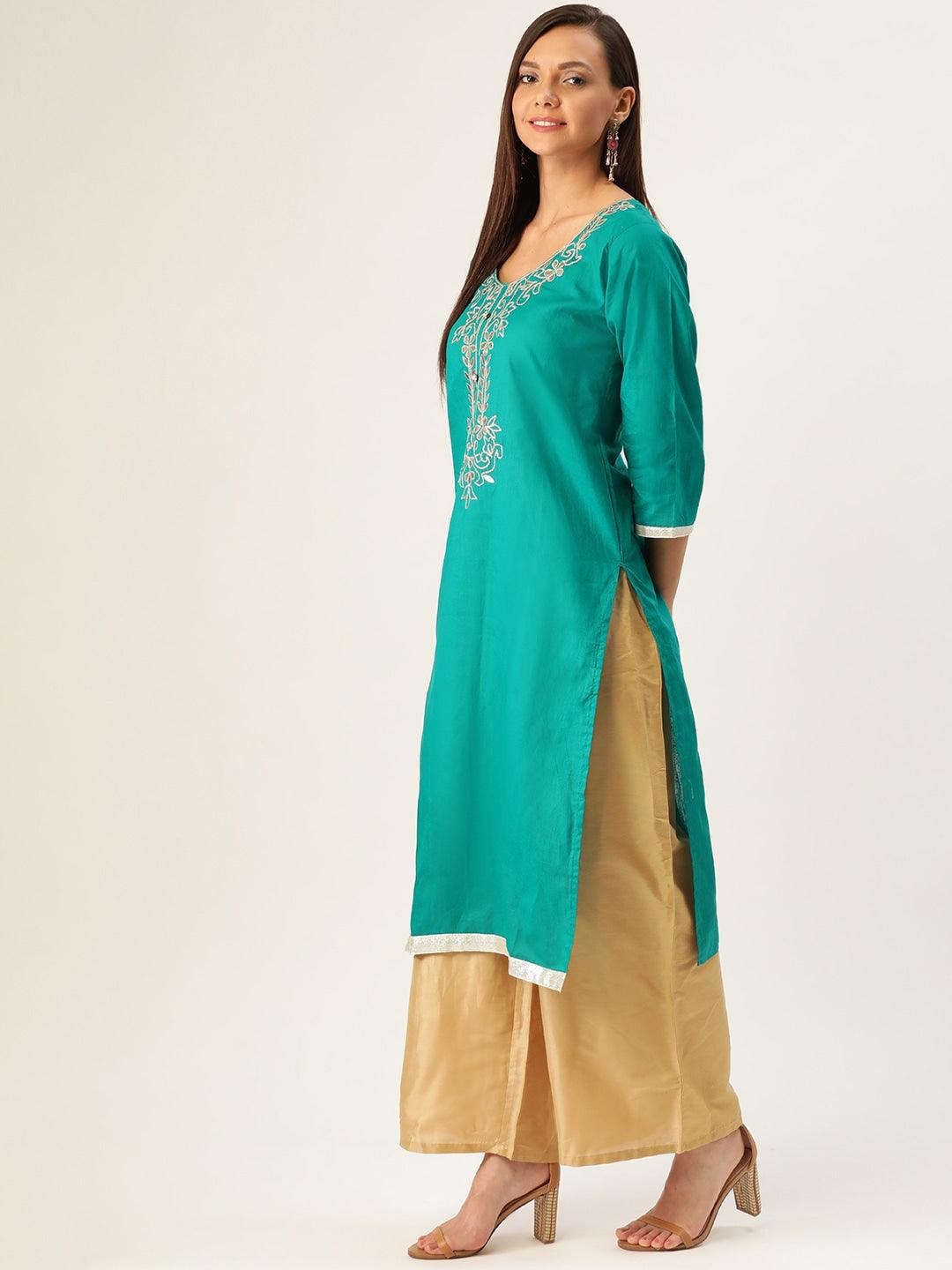 Women's Teal Green & Golden Yoke Design Straight Kurta - NOZ2TOZ - Indiakreations