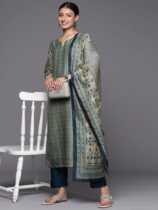 Varanga Ethnic Motifs Printed Chanderi Silk Kurta with Trousers & With Dupatta - Indiakreations